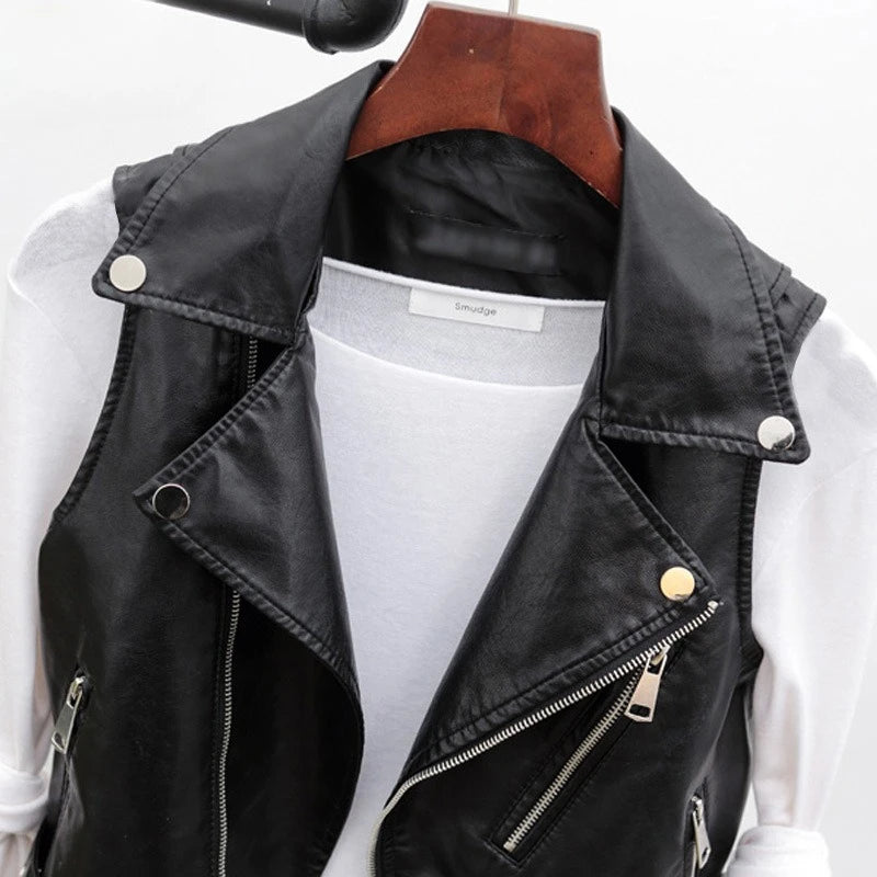 Autumn New Leather Vest Women's Short Sleeveless Leather Jacket PU Shoulder Cut Small Belt Leather Jacket