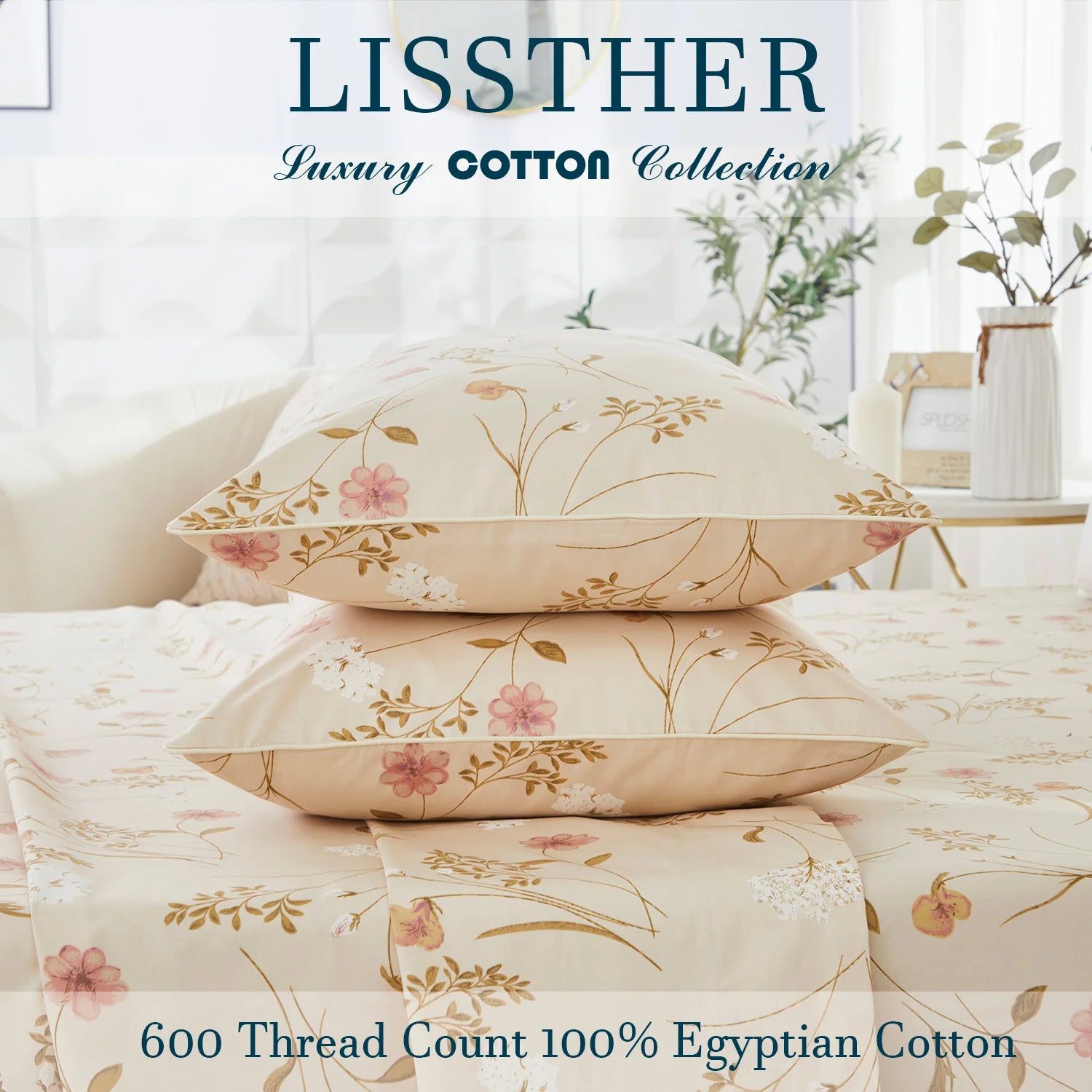 3pcs 600TC 100% Egyptian Cotton Duvet Cover Set, Elegant Shabby Chic Floral, Soft Skin-Friendly (No Inserts)