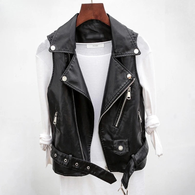 Autumn New Leather Vest Women's Short Sleeveless Leather Jacket PU Shoulder Cut Small Belt Leather Jacket