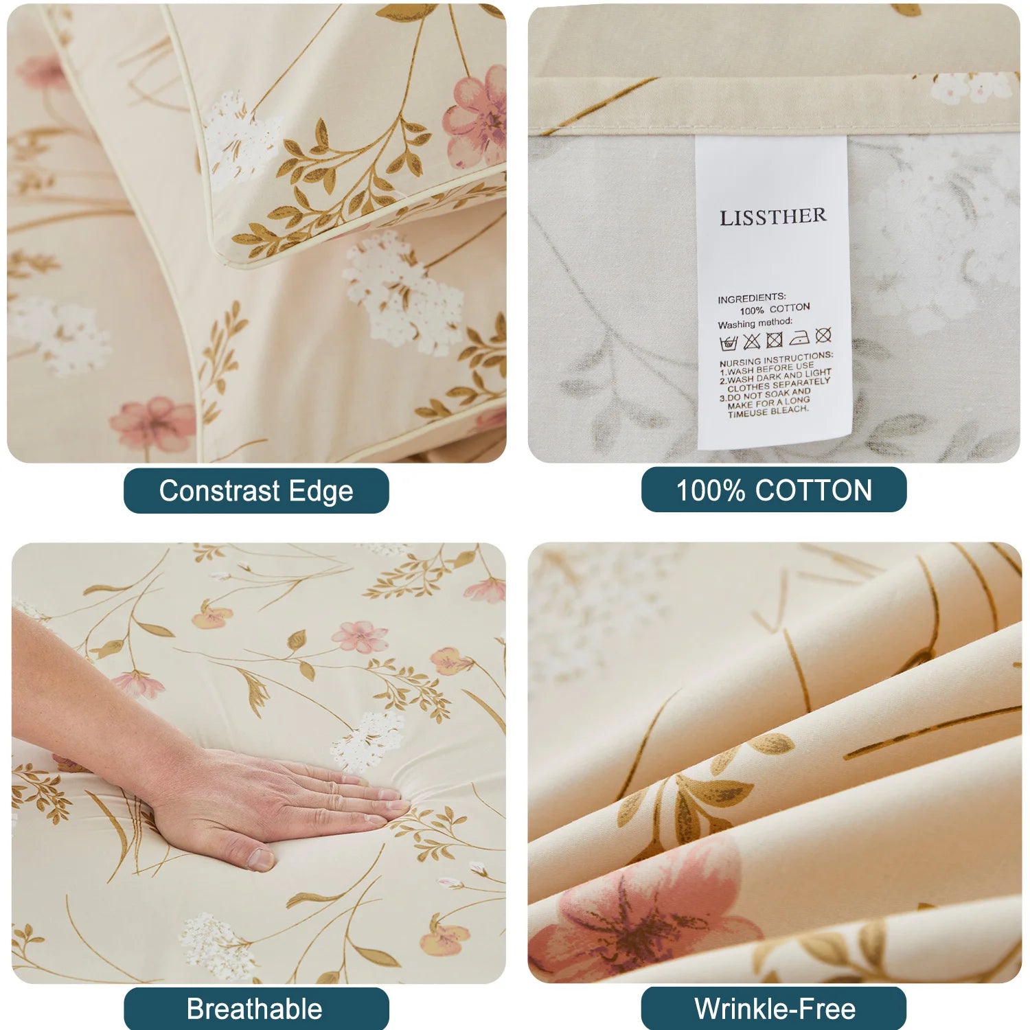 3pcs 600TC 100% Egyptian Cotton Duvet Cover Set, Elegant Shabby Chic Floral, Soft Skin-Friendly (No Inserts)