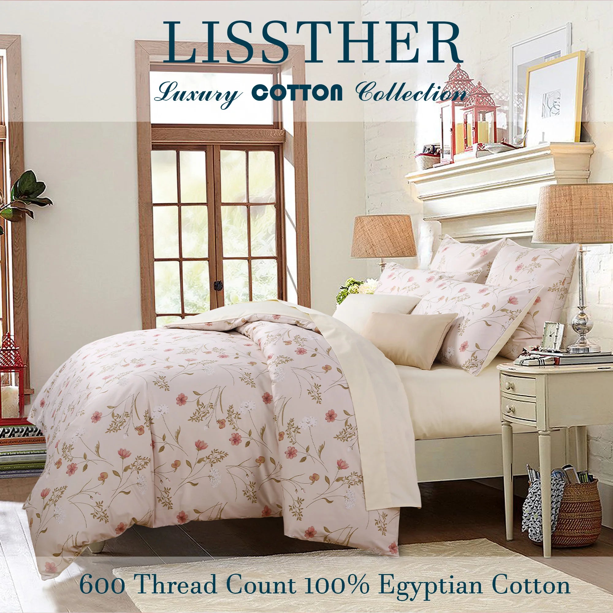 3pcs 600TC 100% Egyptian Cotton Duvet Cover Set, Elegant Shabby Chic Floral, Soft Skin-Friendly (No Inserts)